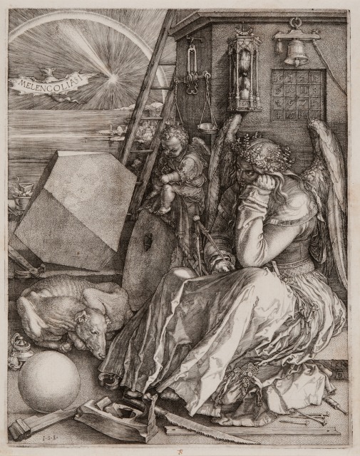 A winged female figure sits gazing at a large polyhedron as if to study it, her head propped in her left hand. Numerous instruments associated with geometry are seen scattered at her feet.